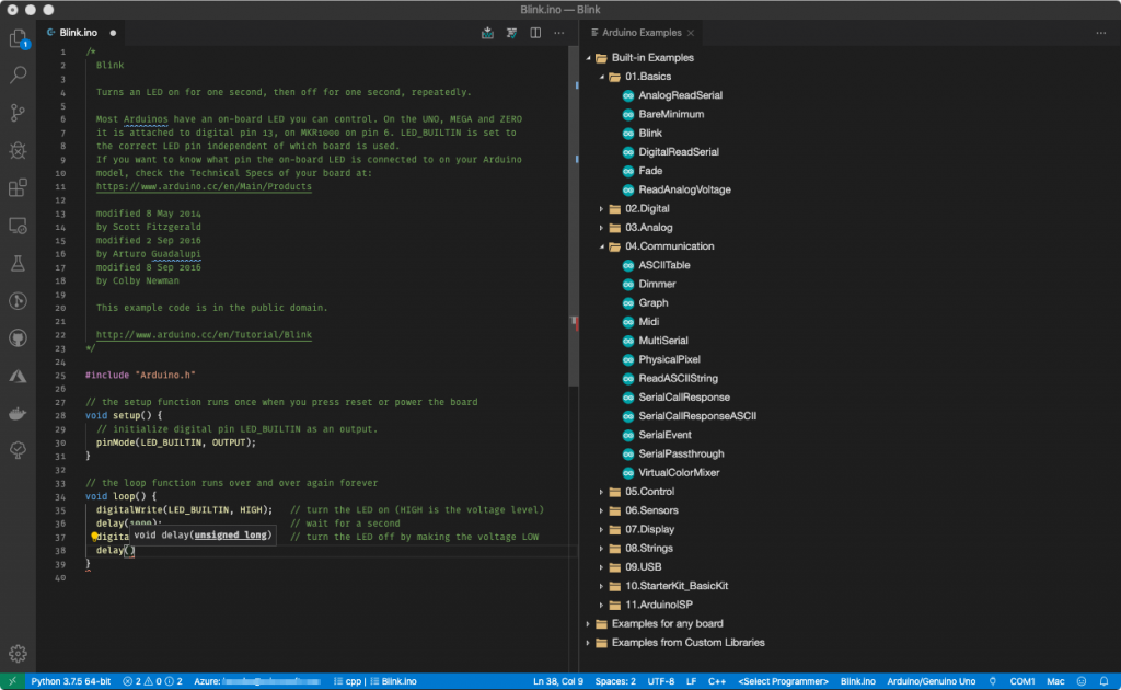 The VS Code extension for Arduino in action.